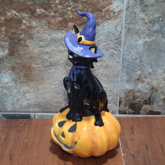 Black Witch Cat on Pumpkin Tealight Candle Holder Halloween - Picture 9 of 11